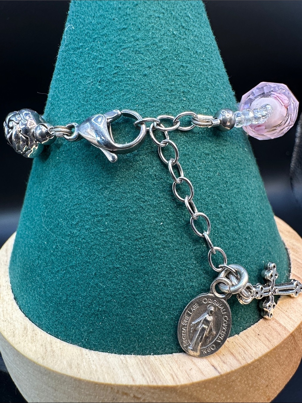 Faith Inspired Silver Rose Bead Bracelet Miraculous Medal Cross Charm Lampwork - Picture 4 of 7